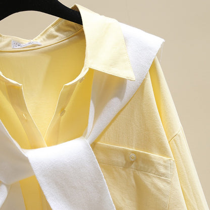 Two-piece shawl white shirt female 2023 spring new fashion loose yellow shirt casual design top