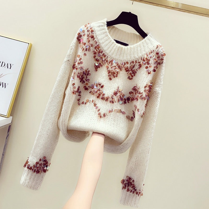 Heavy Industry Sequined Sweater 2021 Autumn and Winter New Products Korean Style Lazy Wind Outerwear Loose Pullover Knitwear Women's Top Trend