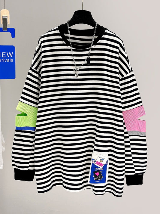 Striped sweater long-sleeved spring 2023 new spring and autumn mid-length loose thin coat ins top women's fashion