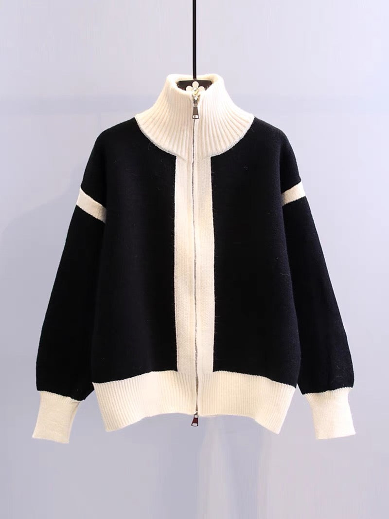 Stand-up collar zipper design sweater jacket women's winter 2022 new loose and lazy style contrast color knitted cardigan