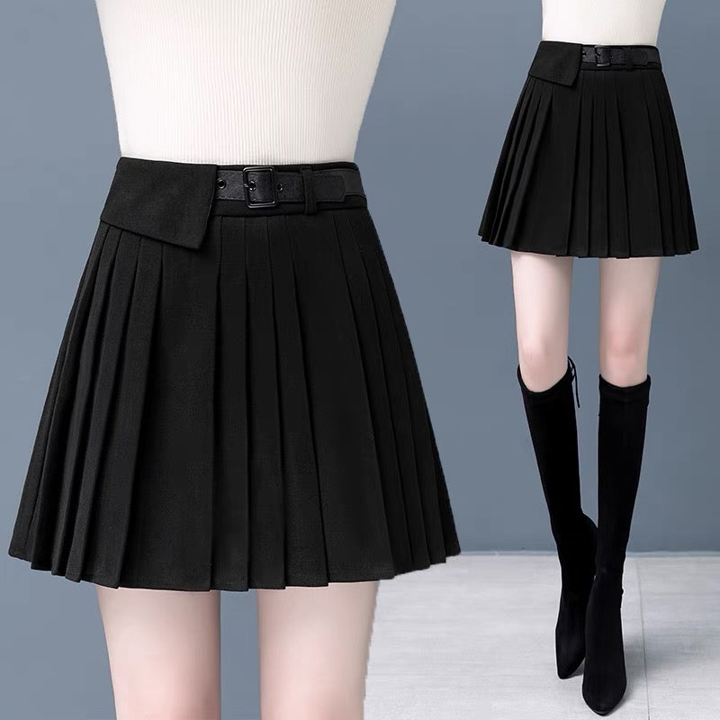 Black High Waist Pleated Woolen Skirt