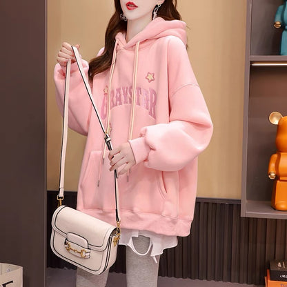 Fleece and thickened hooded sweater women's 2022 new autumn and winter hot style fashion foreign style loose design top coat