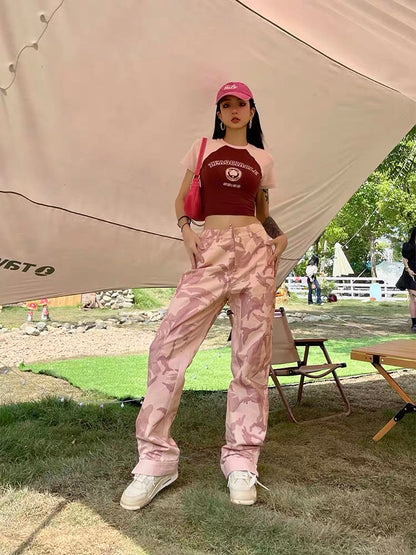 Wild zero pink camouflage pants female summer American retro niche tide high waist was thin wide leg casual straight pants