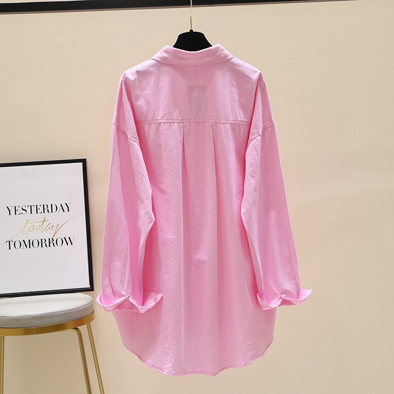 Pink mid-length shirt women 2023 spring and autumn new Korean style design loose casual shirt long-sleeved top