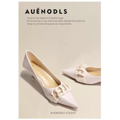 AUENODLS leather nude white lace rhinestone pointed high-heeled shoes women's French bridesmaid medium stiletto wedding shoes women