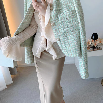 CHICROOM green small fragrance coat women's spring and autumn small round neck tweed woven thin short top