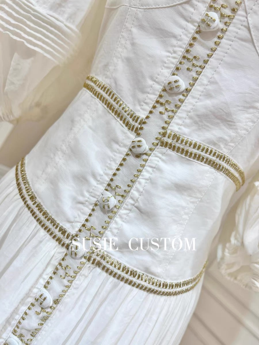 High customization heavy industry gold thread embroidery lace one-word collar tube top elastic big puff sleeves waist-breasted big swing long skirt