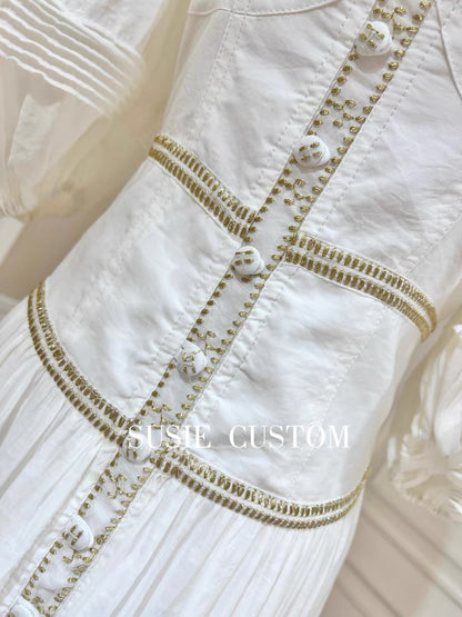 High customization heavy industry gold thread embroidery lace one-word collar tube top elastic big puff sleeves waist-breasted big swing long skirt