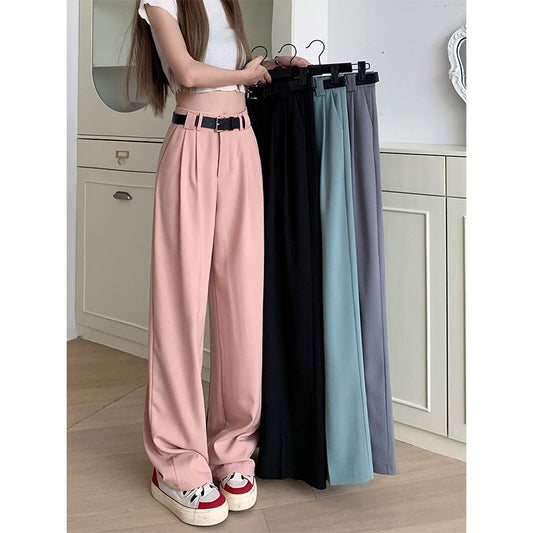 Pure color casual pants summer new design straight pants drape high waist wide legs chic floor mopping trousers women's tide