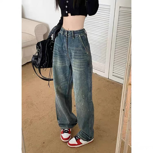 323 Kumikumi loose and thin wide-leg pants retro old jeans women's early autumn straight pants mopping pants long pants