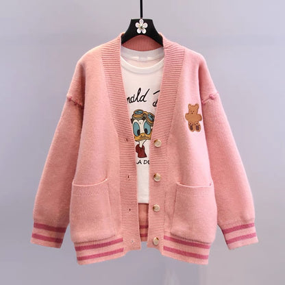 Japanese cartoon bear sweater jacket women's winter 2022 new loose design college style knitted cardigan