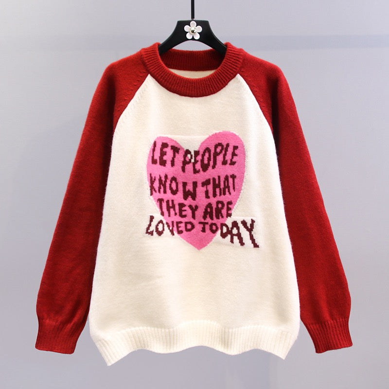 Color matching love letter sweater women's autumn and winter 2023
