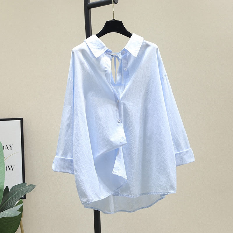 Blue loose large version lace-up shirt women 2023 spring new Korean version age-reducing design sense shirt chic top