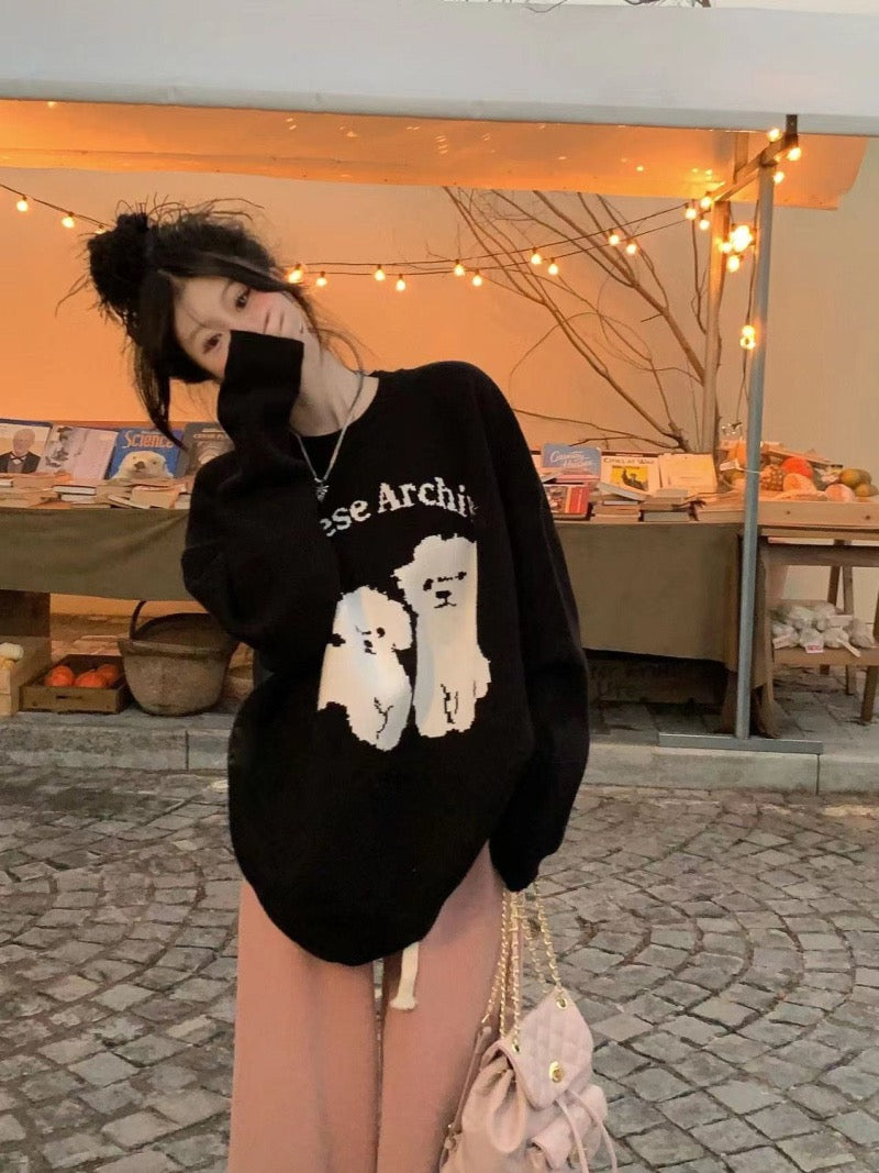 Cartoon puppy black sweater women's spring new lazy style pullover round neck long-sleeved sweater bottoming top tide