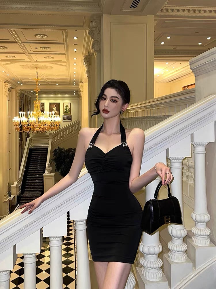 283Sexy black halter dress female summer chic sweet and spicy slim slim temperament high-end pure desire little black dress