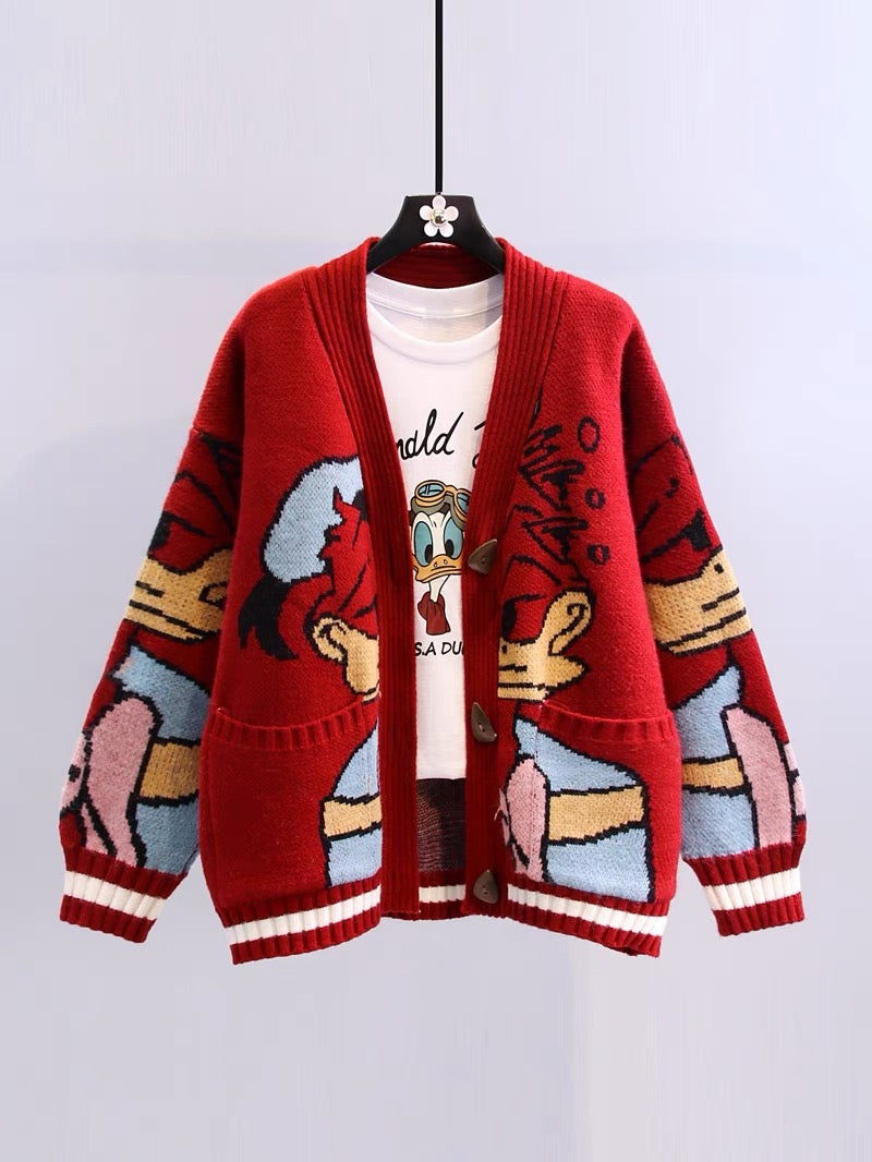 Japanese cartoon sweater jacket women's autumn and winter 2022 new style lazy wind loose outer wear all-match thickened knitted cardigan