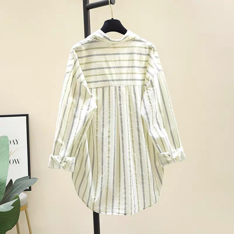 Green vertical striped long-sleeved shirt women's 2022 autumn new Korean style loose casual mid-length shirt top