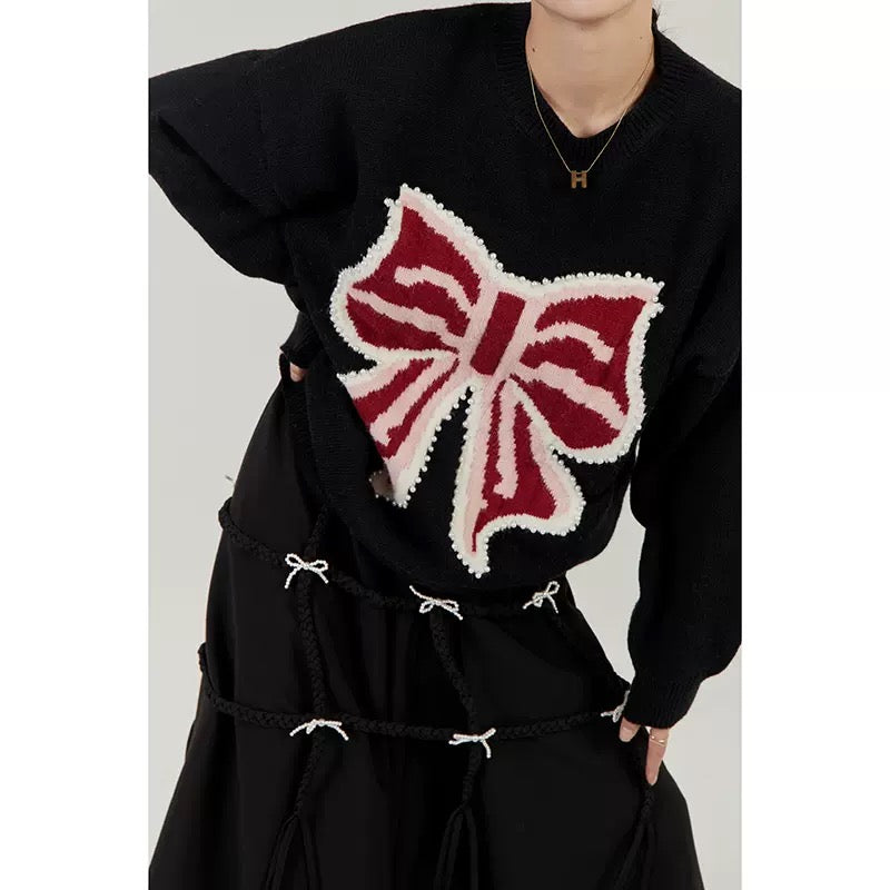 LLL LAB / chic high-end sweater black bow design loose and lazy wind knitted top women 1650