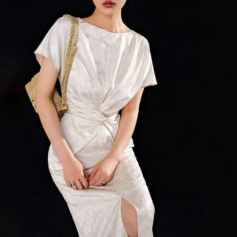WANGXO white word-neck short-sleeved dress women's summer 2022 new waist-length slim temperament split skirt