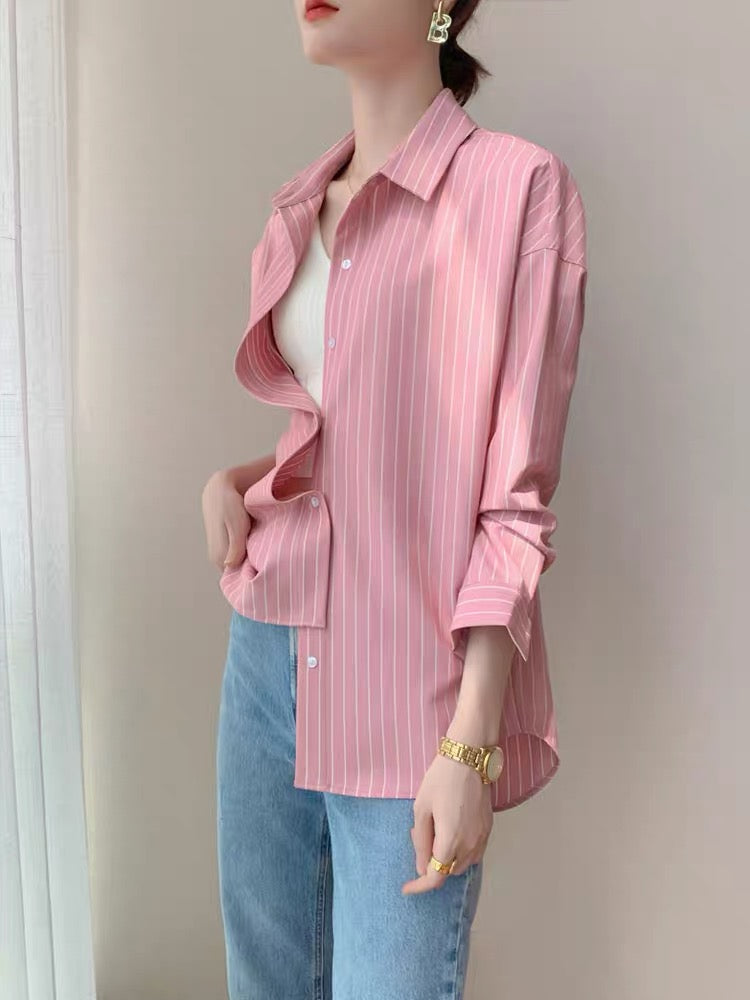 French pink striped shirt women's 2022 spring new design small long-sleeved loose and thin salt shirt