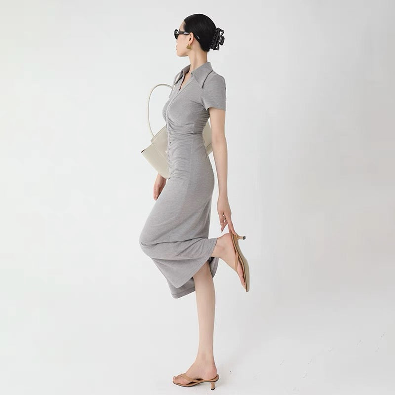 WANGXO gray Polo collar dress women's summer 2022 new pleated waist waist thin slit mid-length skirt