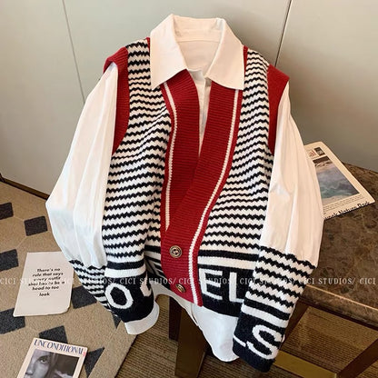 Knitted vest vest stitching shirt two-piece women's autumn 2022 new mid-length lazy wind stacking top