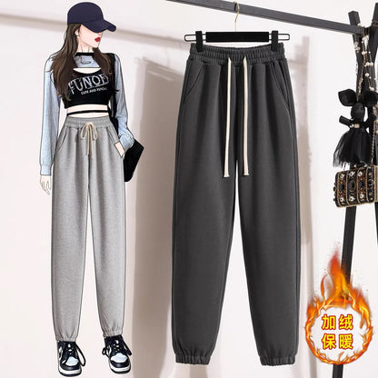 Grey sports pants women's loose-fitting casual pants 2022 new autumn and winter small plus velvet thickened sweatpants women