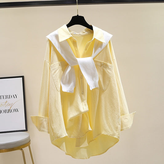 Two-piece shawl white shirt female 2023 spring new fashion loose yellow shirt casual design top