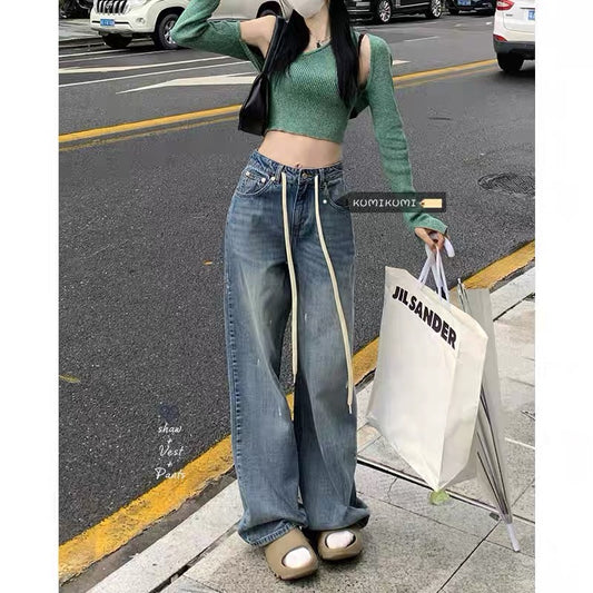 kumikumi retro high-waisted drawstring jeans straight-leg pants women's summer loose wide-leg pants trousers mopping pants 1112