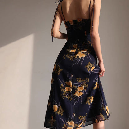 French retro orange floral suspender dress sexy lace waist slim side slit over the knee midi skirt