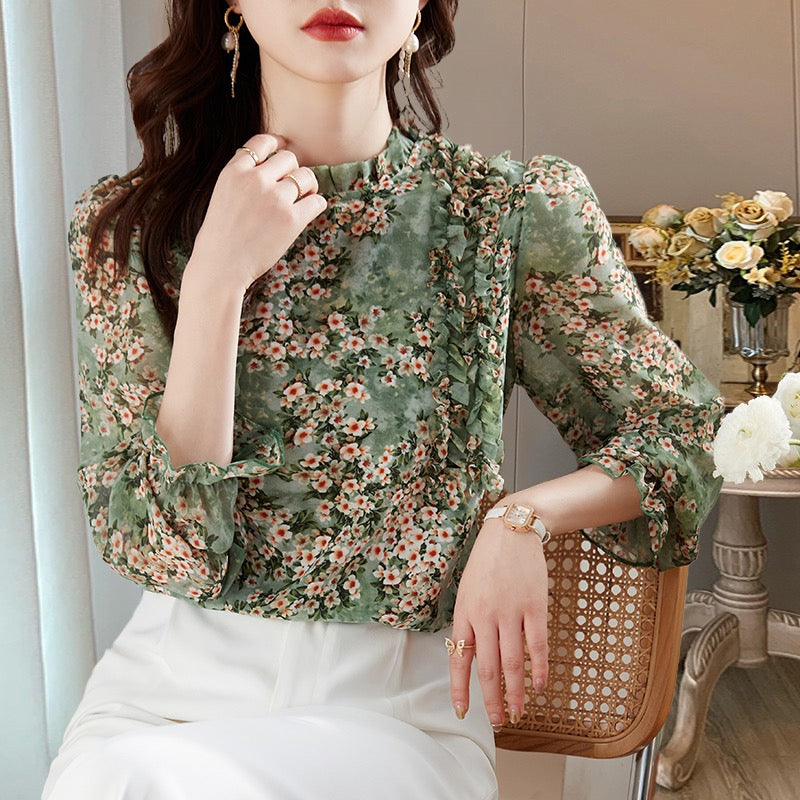 Floral chiffon long-sleeved shirt
