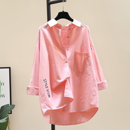 Pink mid-length cotton shirt women 2023 spring new Korean version Korean design sense shirt chic top coat