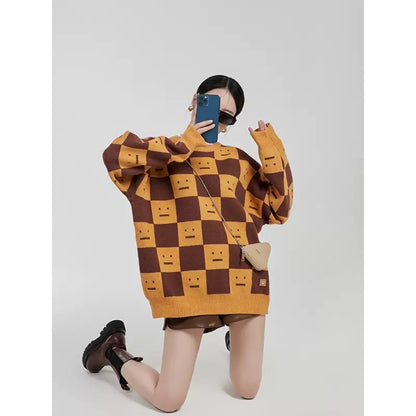 LLL LAB/Hong Kong flavor retro chic top autumn checkerboard smiley knitted pullover high-quality super nice sweater 1643