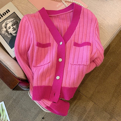 Rose pink sweater women's 2022 autumn new V-neck design sense small crowd western style small fragrant knitted cardigan tide