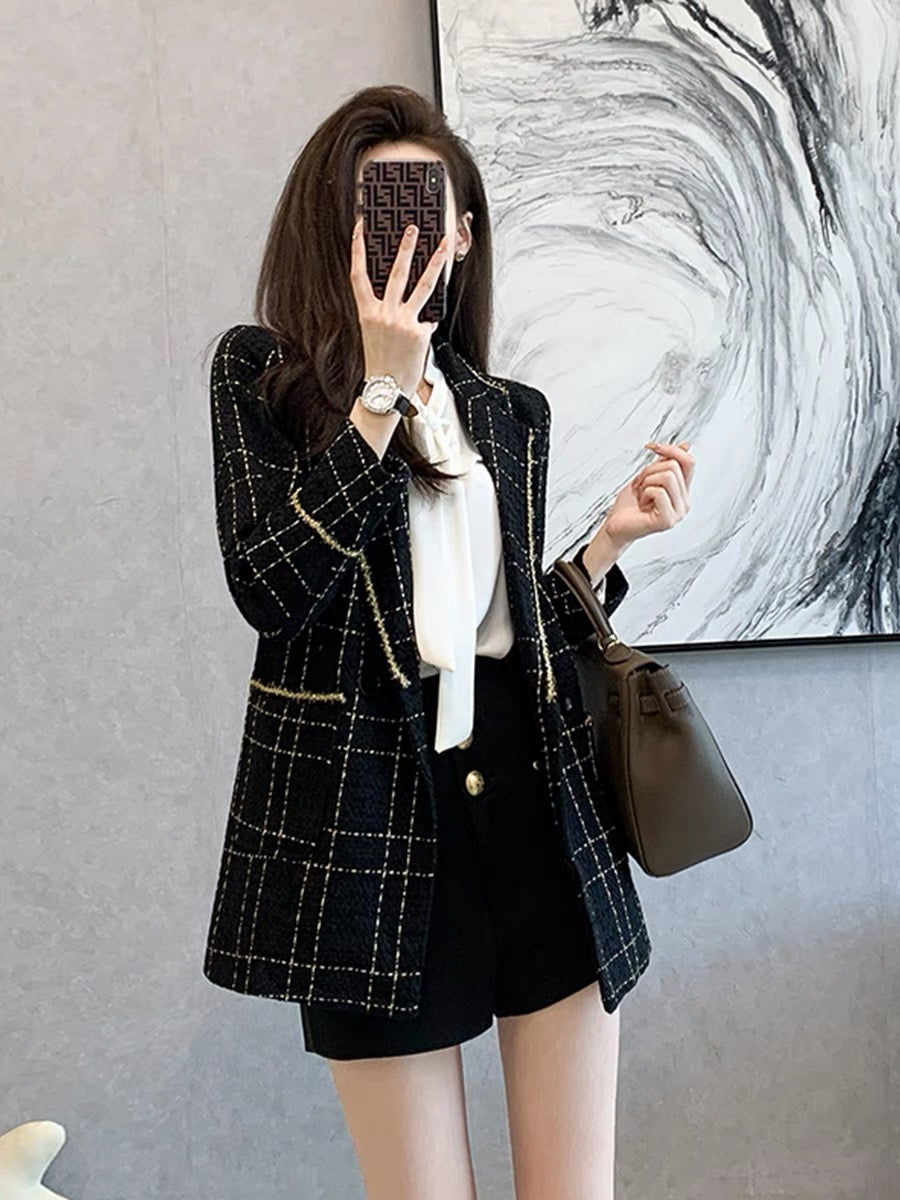2022 spring new French retro British style slim fit and thin high-end tweed plaid suit jacket women