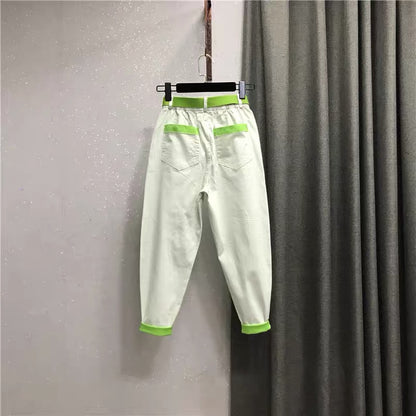 Candy contrast color harem pants nine points jeans 2022 autumn women's new loose ripped light green casual pants W145