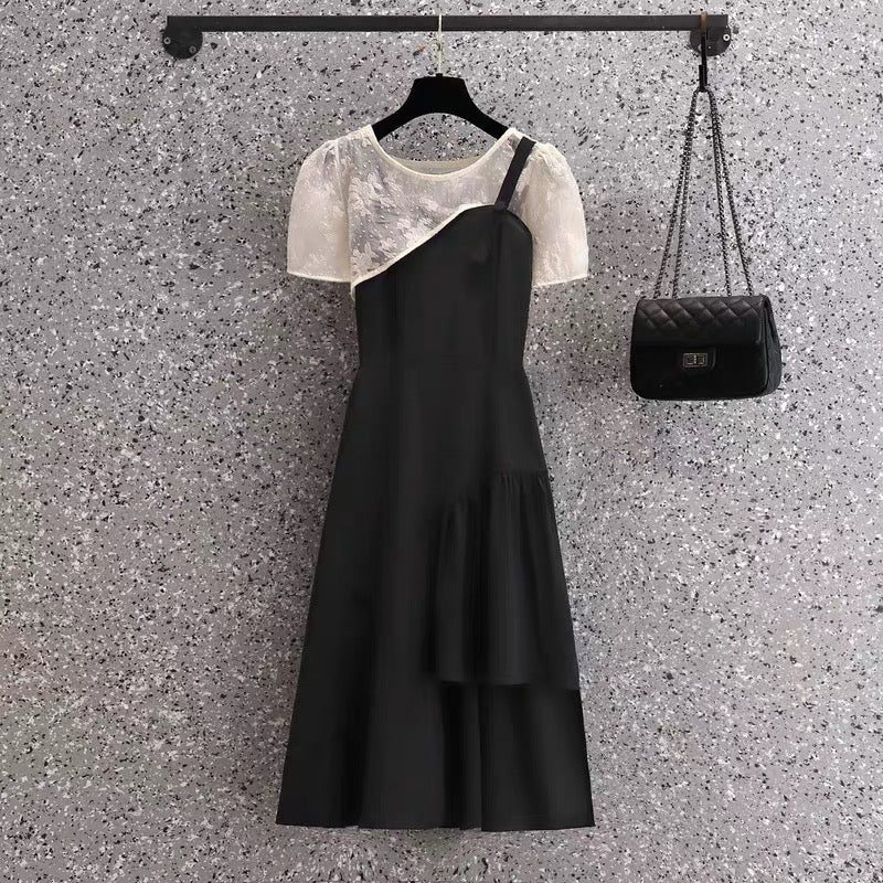 282 large size women's summer new fat MM foreign style is thin and irregular suspenders vest dress two-piece