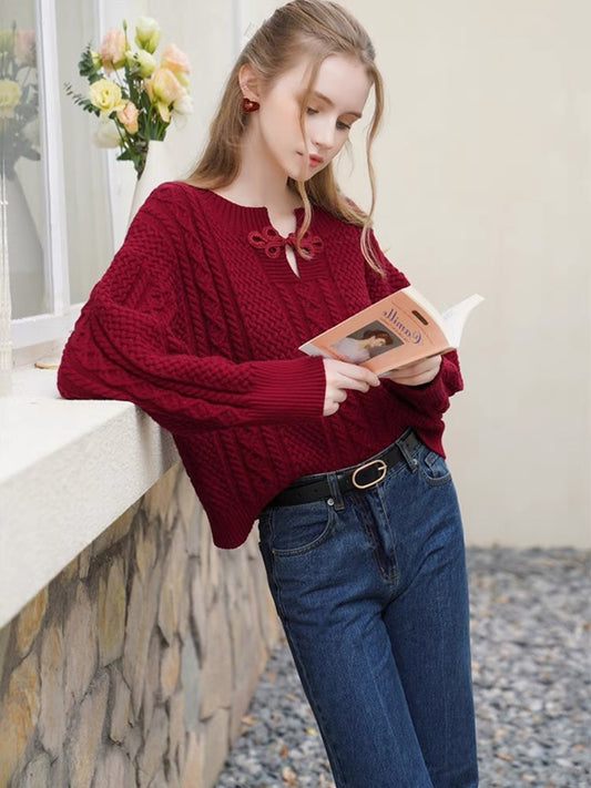 French retro New Year red v-neck sweater women's autumn and winter soft waxy chic inner twist sweater 2022 top