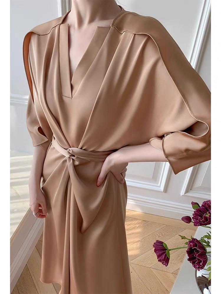 mona original simple high-grade silky satin dress irregular V-neck midi skirt women