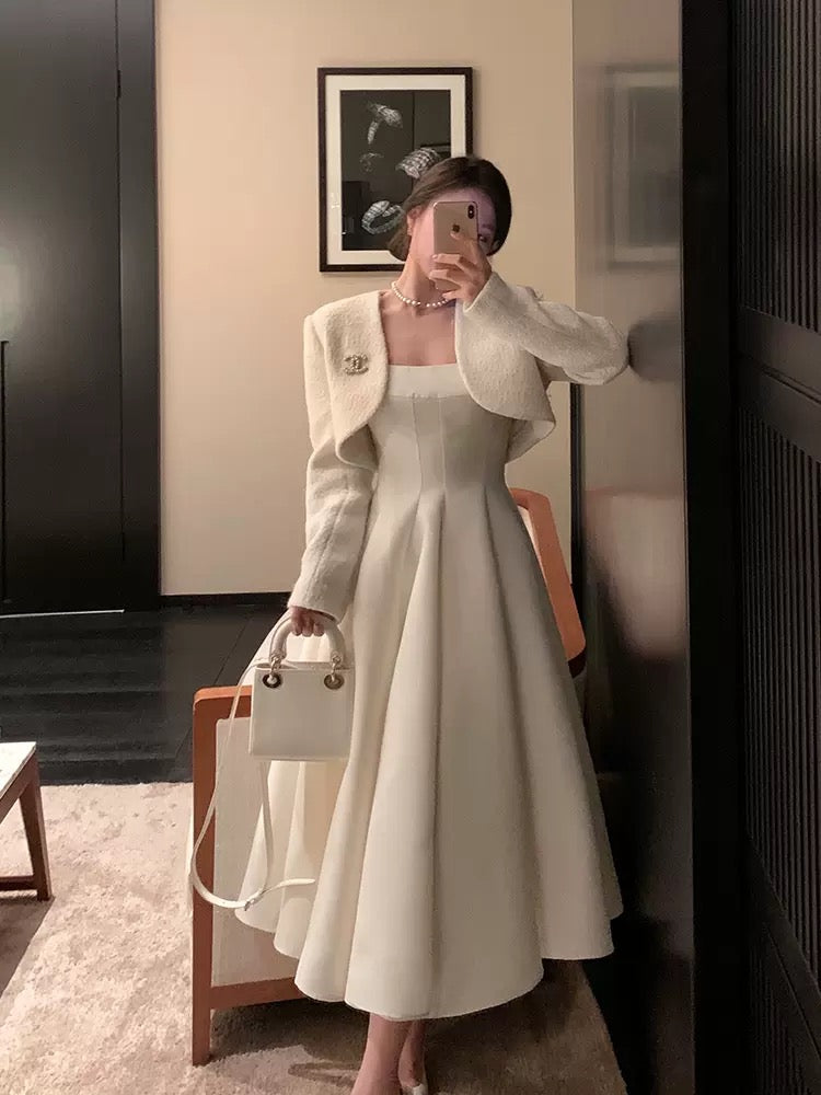 Middletone | Hepburn Dress dio* Show Style Tencel Wool Glossy Waist Sling Dress Gown