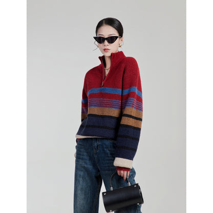 LLL LAB/This year's popular sweater retro striped knitted stand collar high-quality Hong Kong-style chic top