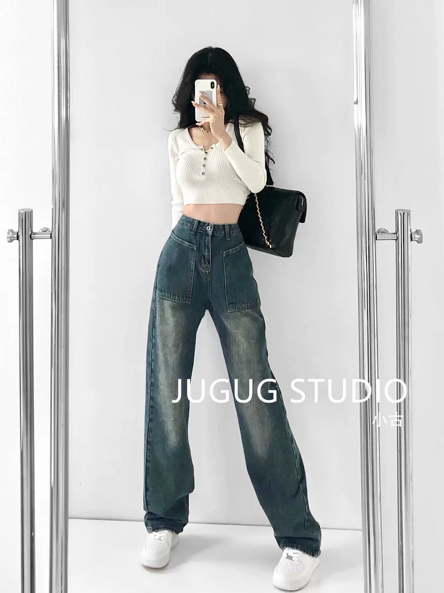 Smoke gray denim overalls women's 2022 summer thin and tall ~ American retro style trousers with slit design