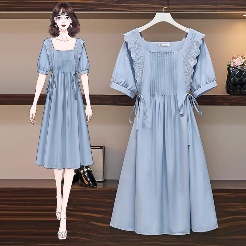 Large size women's clothing 2022 new summer fat sister French sweet, age-reducing, Western-style, covering the flesh and showing thin chic dress