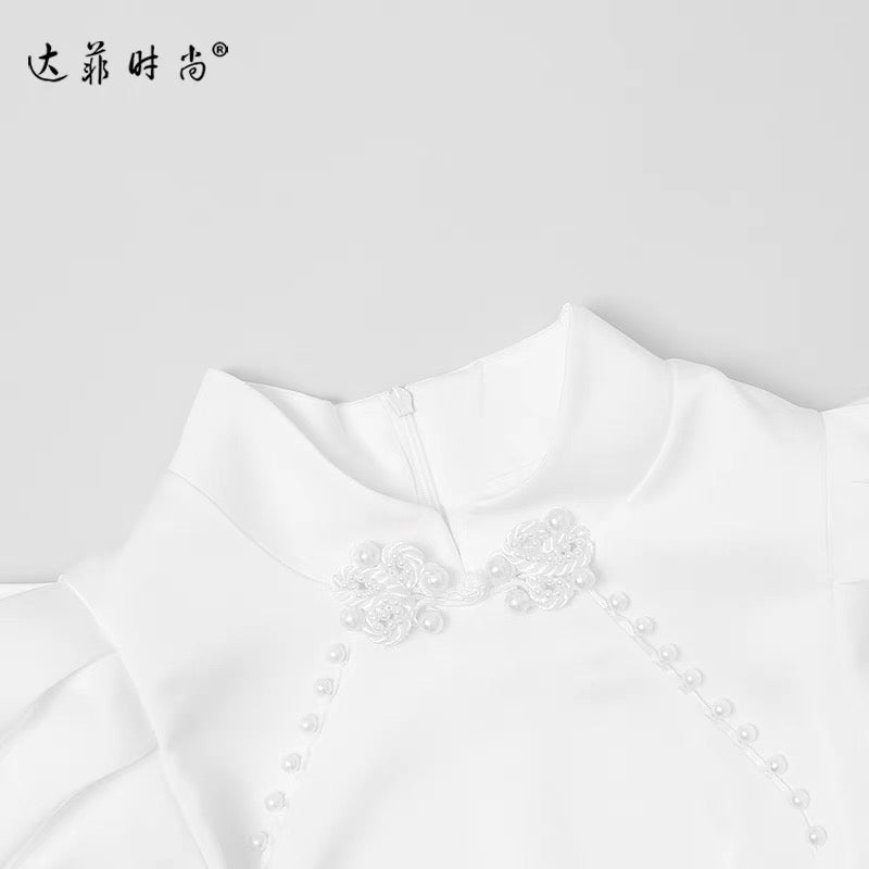 Summer women's clothing 2022 new temperament white lantern sleeves waist slim satin cheongsam dress short skirt skirt