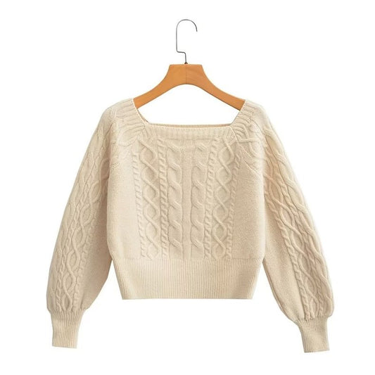 KASLEAD new women's clothing European and American style French niche square collar long-sleeved twist sweater short knitted sweater