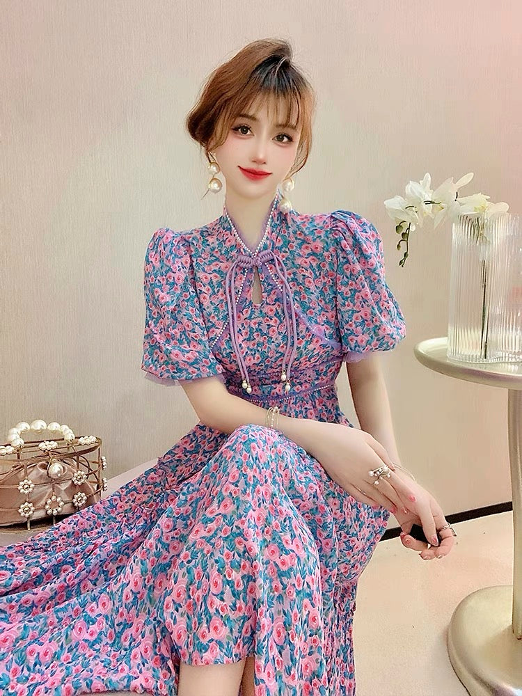 Feijie custom retro temperament dress 2022 summer new women's waist and slim puff sleeve floral skirt