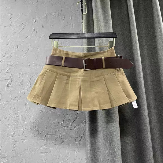 Khaki Low Waist Pleated Short Skirt Women's Autumn 2022 New Fashion Feminine Ultra Short A-Type Denim Skirt Q135