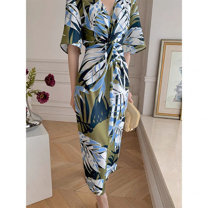 MONA original summer elegant romantic style V-neck print interwoven twist floral design dress women