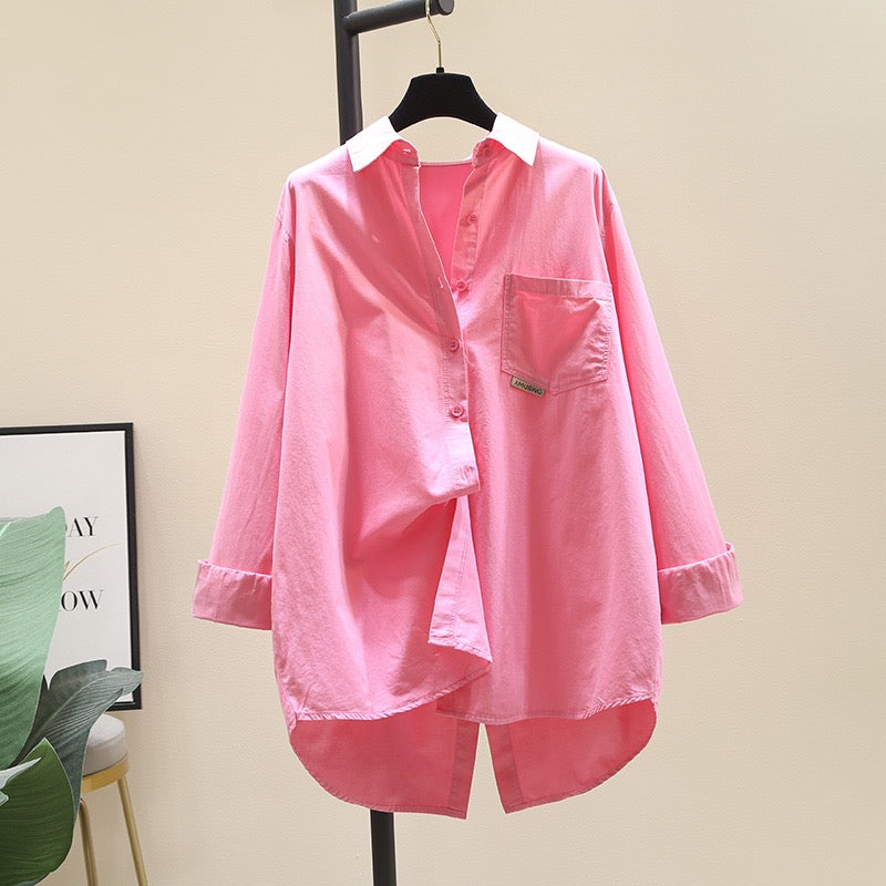 Rose red rear slit cotton shirt women 2023 spring new Korean version loose long-sleeved shirt chic top coat