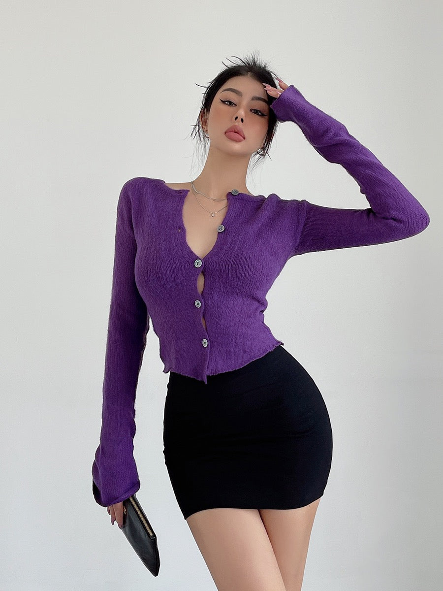 liviahome grape purple trumpet sleeve knitted sweater women's pure desire to close the waist and look thin short small cardigan sweater top